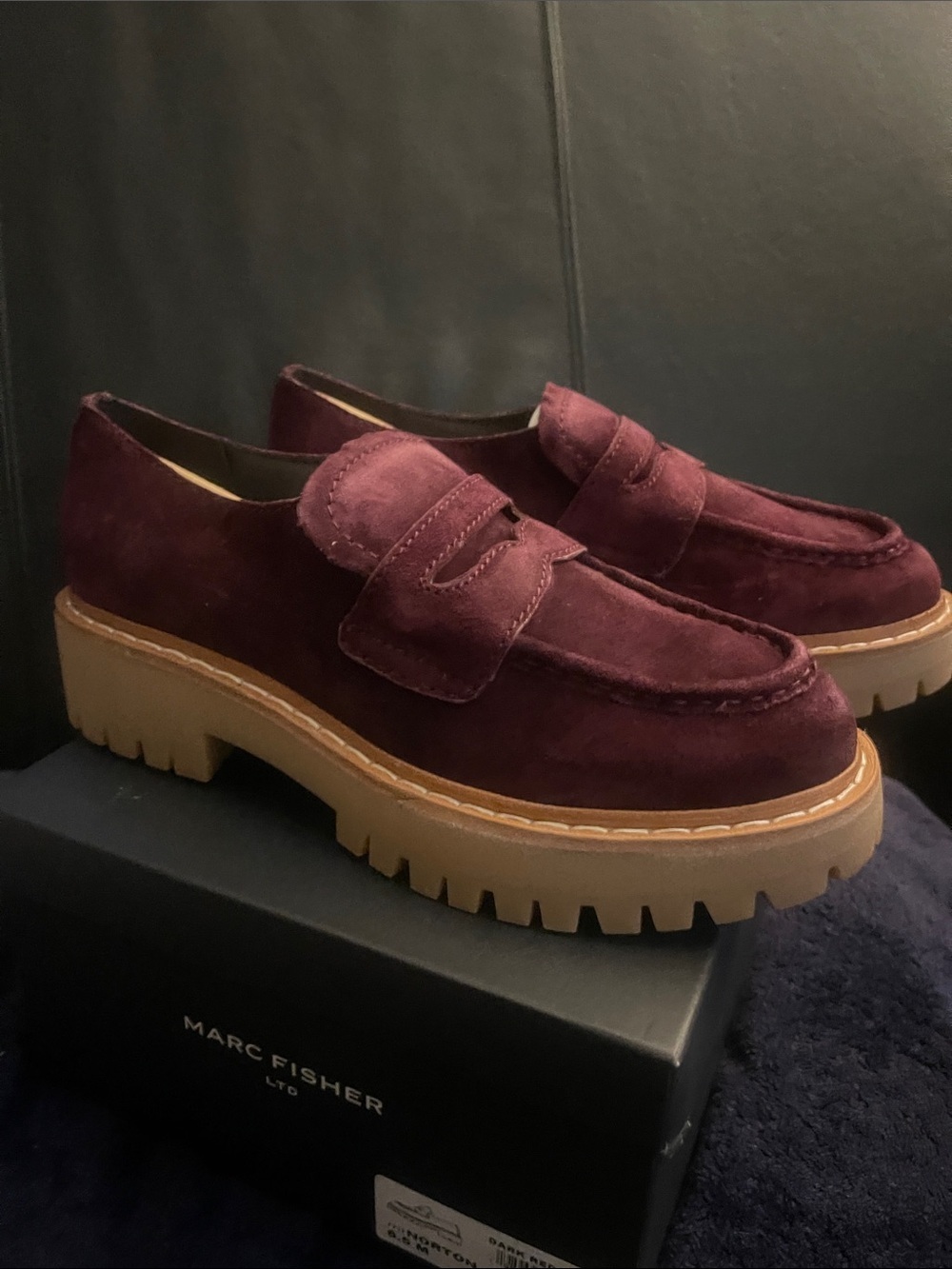 Marc Fisher Women’s Burgundy Suede Lug Sole Penny Loafers NWB